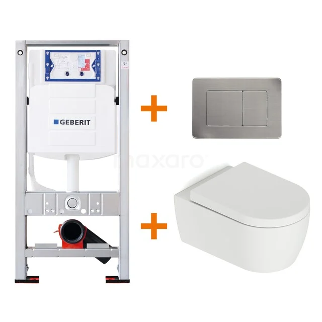 Inbouw-WC-Set weiß mit Wand-WC, Edelstahl-Bedienungsplatte und Rahmen; platzsparendes Design für moderne Bäder.