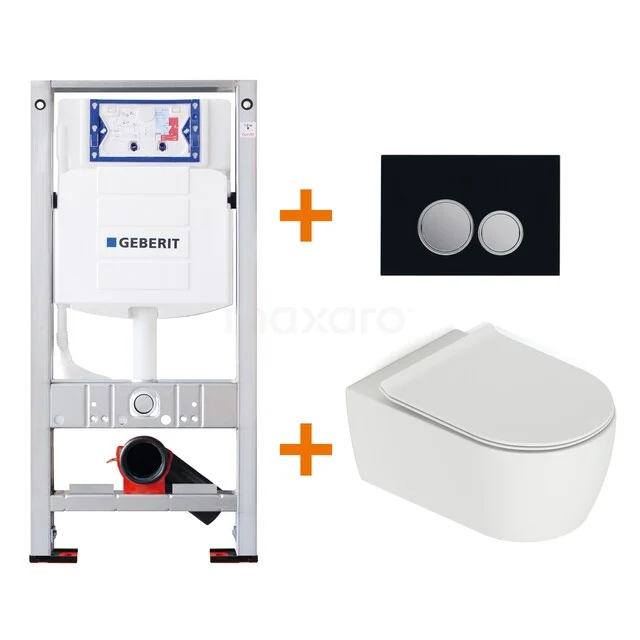 Toilet set Matte white with rim + Geberit UP320 concealed cistern TOI530 Geberit concealed cistern, black flush plate and hanging white ceramic toilet, modern design, ideal for sleek bathrooms.