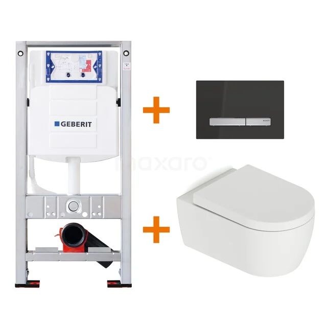 Toilet set Matte white with rim + Geberit UP320 concealed cistern TOI535 White wall closet with concealed cistern and black control plate, ideal for a modern bathroom design.