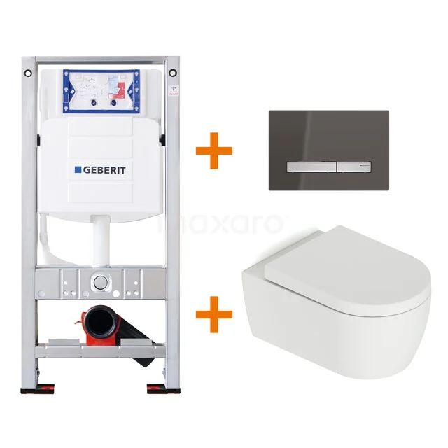 Toiletset Mat wit met Spoelrand + Geberit UP320 inbouwreservoir met geluidsisolatie TOI539 Inbouwtoiletset met wit keramisch hangtoilet, grijze bedieningsplaat en frame van de Geberit Sigma-serie, ideaal voor moderne badkamers.