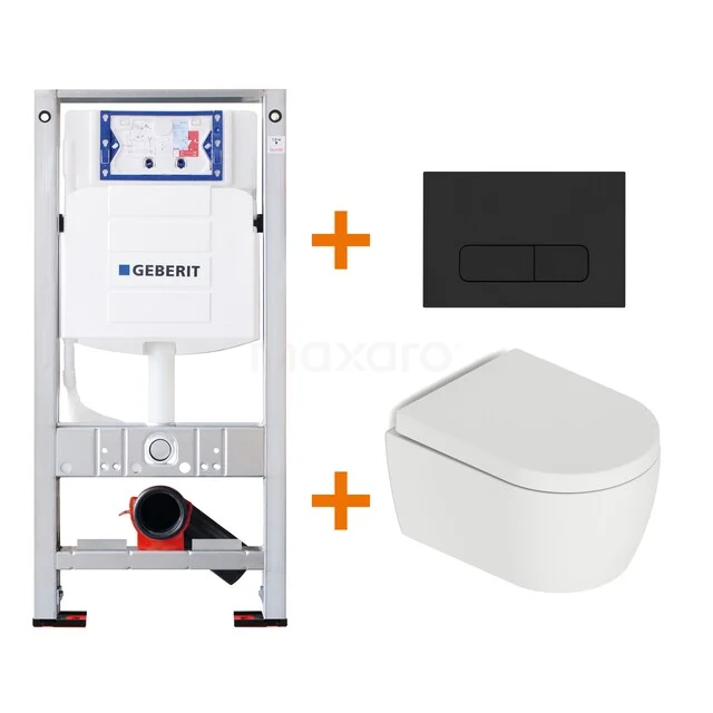 Toilet set Matte white Shortened with rim + Geberit UP320 concealed cistern TOI549 Geberit concealed cistern set with white wall closet and matte black control plate, sleek design for modern bathrooms.