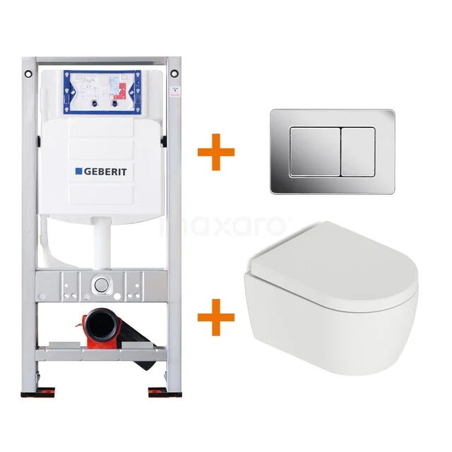 Wall-mounted toilet set with white ceramic toilet, concealed cistern and Stainless steel control plate; compact design for modern bathrooms.