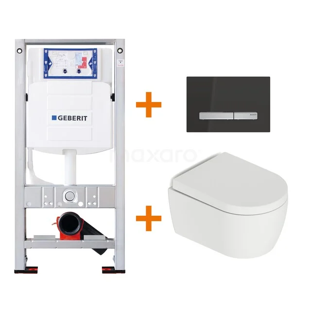 Toilet set Matte white Shortened with rim + Geberit UP320 concealed cistern TOI575 White wall-hung toilet with sleek black control plate, combined with a concealed cistern; ideal for modern bathrooms.