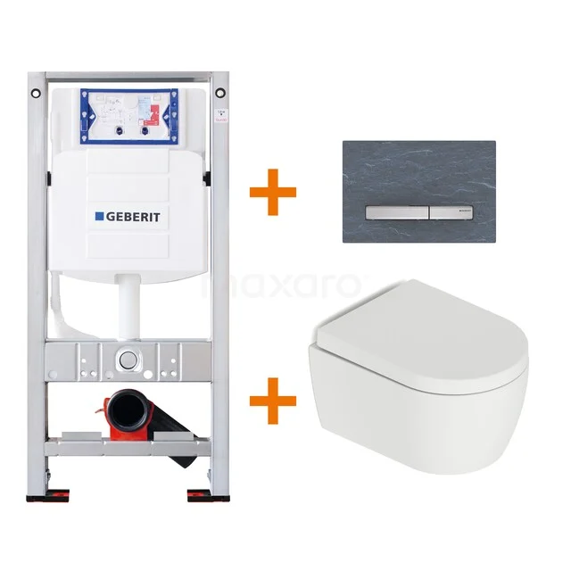 Geberit Unterputzspülkasten Set mit Wand-WC, weißes Keramik WC-Becken und grauer Betätigungsplatte, ideal für ein modernes Badezimmer.