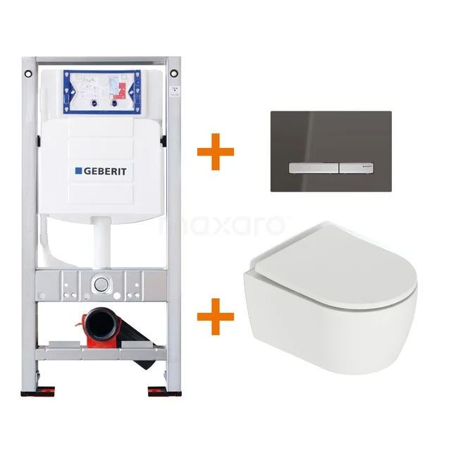 Toilet set Matte white Shortened with rim + Geberit UP320 concealed cistern TOI580 Geberit Concealed cistern with white wall hung toilet and Stainless steel flush plate, ideal for modern bathroom design.