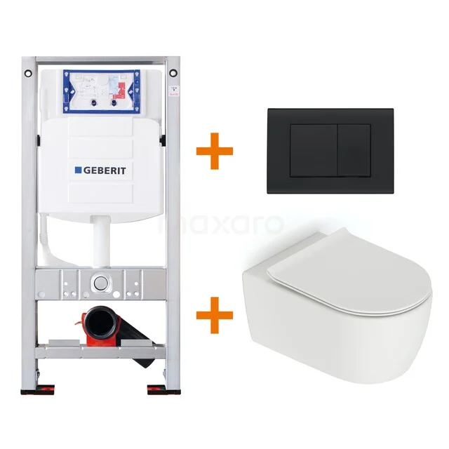 Geberit toilet set with white wall-hung toilet, black flush plate and concealed cistern, ideal for a modern bathroom.