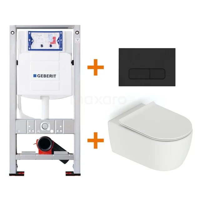 Toiletset Mat wit zonder Spoelrand + Geberit UP320 inbouwreservoir met geluidsisolatie TOI590 Inbouw wc-set met wit hangtoilet, zwart bedieningspaneel en frame; complete badkameroplossing van hoogwaardig materiaal.