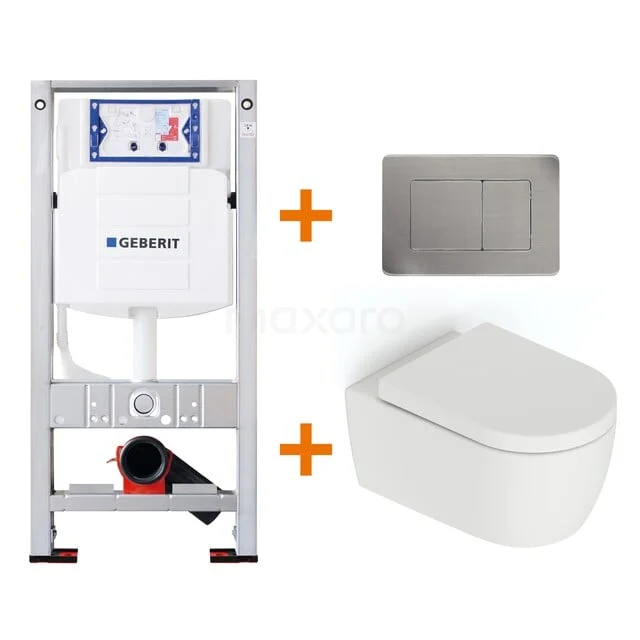 Flush toilet set with wall closet, white ceramic, stainless steel flush plate, incl. recessed frame; ideal for a modern bathroom.