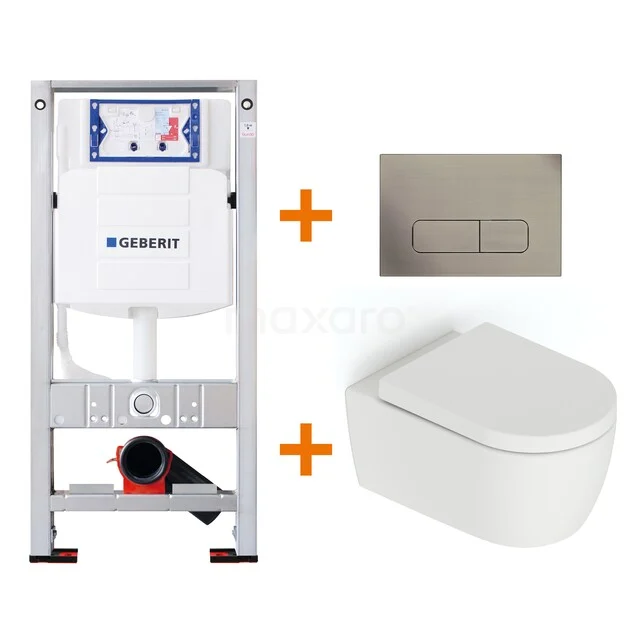 Toiletset Mat wit zonder Spoelrand + Geberit UP320 inbouwreservoir met geluidsisolatie TOI611 Wandcloset set met frame, witte toiletpot en moderne bedieningsplaat, ideaal voor een stijlvolle en ruimtebesparende badkamer.