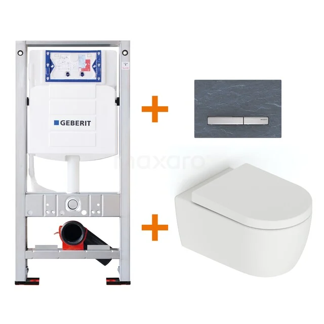 Toiletset Mat wit zonder Spoelrand + Geberit UP320 inbouwreservoir met geluidsisolatie TOI617 Geberit inbouwreservoir met witte hangtoilet en grijze bedieningsplaat, modern sanitair voor een strakke badkamer.