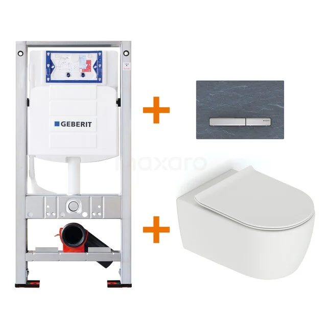 Toiletset Mat wit zonder Spoelrand + Geberit UP320 inbouwreservoir met geluidsisolatie TOI618 Wit hangend toilet met inbouwreservoir en grijze bedieningsplaat, ideaal voor een moderne badkamer installatie.