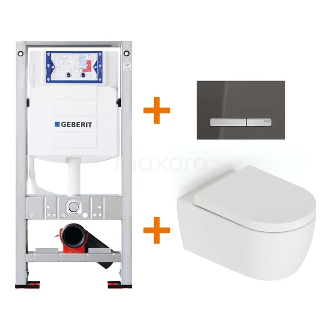 WC-Set Matt Weiß ohne Rand + Geberit UP320 Unterputzspülkasten mit Schalldämmung TOI619 Inbouw-WC-Set mit Geberit Standardrahmen, modernem weißen Wand-WC und luxuriösem schwarzen Bedienfeld für stilvolles Badezimmer.