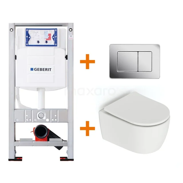 Inbouwtoiletset wit met hangtoilet, metalen frame en verchroomde bedieningsplaat, perfect voor een moderne badkamer.