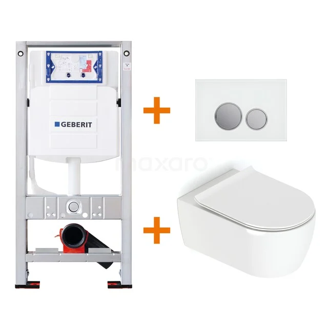 WC-Set Hochglanz Weiß mit Rand + Geberit UP320 Unterputzspülkasten mit Schalldämmung TOI054 Unterputzspülkasten-Set mit weißem Wand-WC und Betätigungsplatte, kompaktes Design, ideal für moderne Bäder.