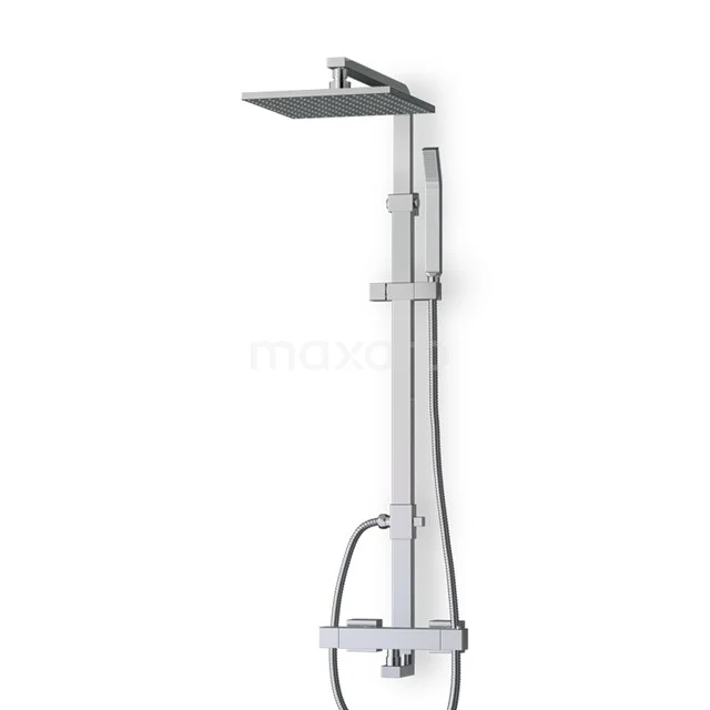 Regenbrause-Set Cubic Chrom, Thermostatarmatur, 25cm Kopfbrause, Chrom BOC22-00009 Rechteckige Regendusche aus Chrom mit verstellbarer Handbrause, perfekt für einen modernen Badezimmerstil.