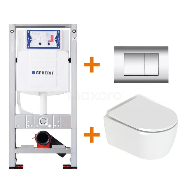 WC-Set Hochglanz Weiß mit Rand + Geberit UP320 Unterputzspülkasten mit Schalldämmung TOI079 Unterputzspülkasten mit weißem Wand-WC und chromatischem Bedienfeld, ideal für eine schlichte und funktionale Badezimmergestaltung.