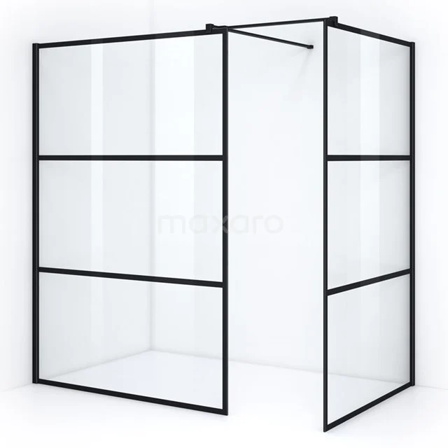 Luxury black shower screen with industrial look, glass panels and black metal frame, perfect for a modern bathroom.