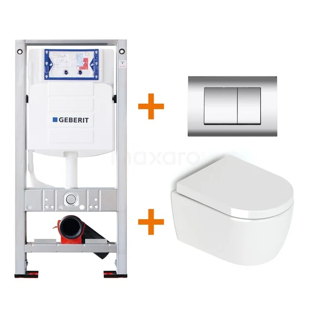 Inbouw WC-Set mit weißem Wand-WC, Metallrahmen und Chrom Bedienfeld, ideal für moderne Badezimmermontage.