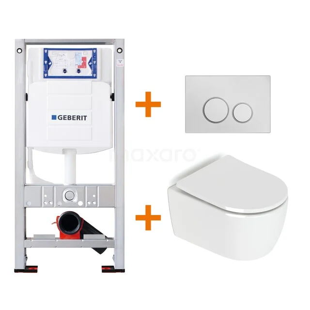 Inbouw-WC-Set mit weißem Wand-WC, kompakter Bauweise und Dual-Flush-Bedienungsplatte; ideale Lösung für moderne Bäder.