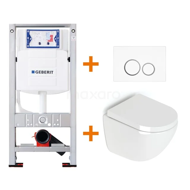 WC-Set Hochglanz Weiß ohne Rand + Geberit UP320 Unterputzspülkasten mit Schalldämmung TOI190 Inbouw-WC-Set mit weißem Keramik-WC, Wandrahmen und Druckplatte; ideal für einen klaren, modernen Badezimmer-Stil.
