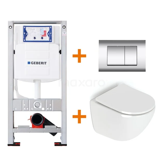 WC-Set Hochglanz Weiß ohne Rand + Geberit UP320 Unterputzspülkasten mit Schalldämmung TOI199 Weißes Wand-WC mit Unterputzspülkasten und chromfarbener Betätigungsplatte, elegante Badezimmerlösung inklusive Befestigungsrahmen.