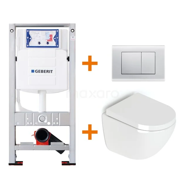 Inbouw WC-Set mit weißem Wand-WC, Edelstahl Bedienfeld und Installationsrahmen, ideal für ein modernes Badezimmer.