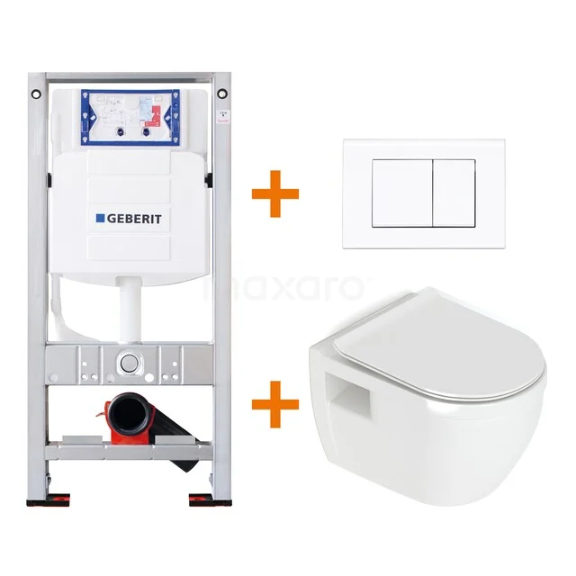 WC-Set Hochglanz Weiß ohne Rand + Geberit UP320 Unterputzspülkasten mit Schalldämmung TOI230 Weißes Wand-WC mit passendem Unterputzspülkasten und Bedienfeld; ideal für ein modernes Badezimmer.