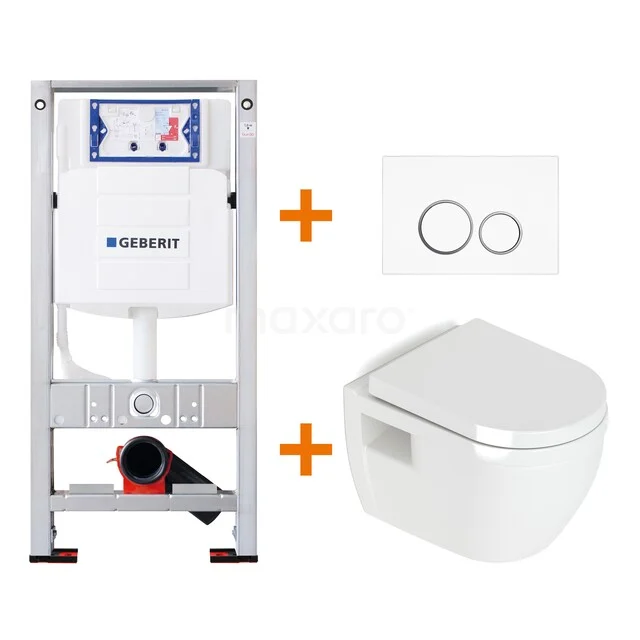 WC-Set Hochglanz Weiß ohne Rand + Geberit UP320 Unterputzspülkasten mit Schalldämmung TOI233 Inbouw WC-Set mit weißem keramischen Wand-WC, glänzender Betätigungstaste und robustem Stahlrahmen, ideal für moderne Bäder.