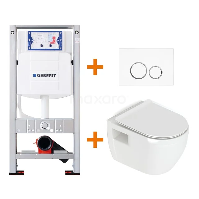 Inbouw-WC-Set Geberit weiß, einschließlich Wand-WC und Bedienungsplatte, ideal für einen modernen und klaren Badezimmer-Stil.