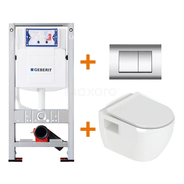 Inbouw WC-set met wit hangtoilet en glanzend chromen bedieningspaneel, ideaal voor een moderne badkamer.