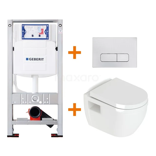 Inbouwtoiletset Geberit wit, incl. hangtoilet, bedieningspaneel en inbouwreservoir, ideaal voor een strakke badkamer inrichting.