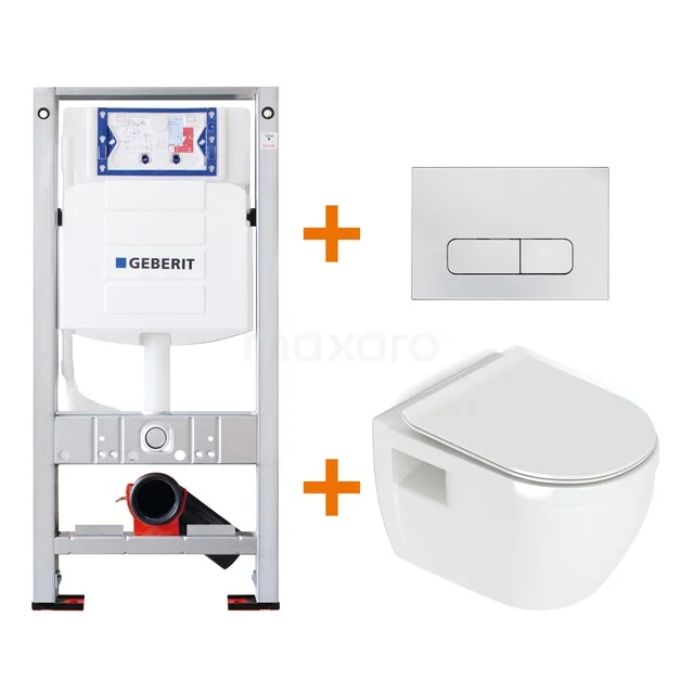 Inbouw-WC-Set mit weißem Wand-WC, Edelstahl-Druckplatte und Rahmen; ideal für ein sauber verarbeitetes Badezimmer.