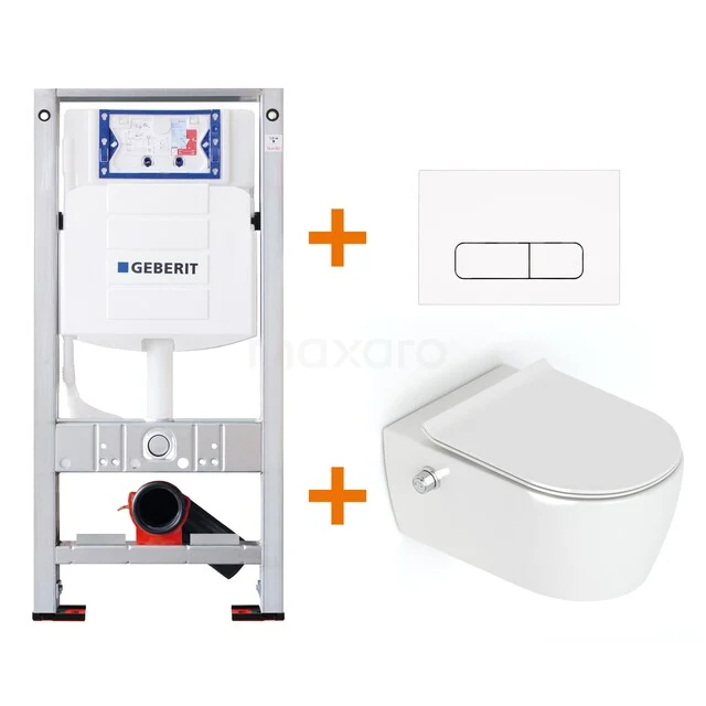 WC-Set Hochglanz Weiß ohne Rand + Geberit UP320 Unterputzspülkasten mit Schalldämmung TOI276 Vorwandelement mit weißem Wand-WC und Betätigungsplatte; modernes Einbau-WC-Set für schlichte Badezimmerdesigns.