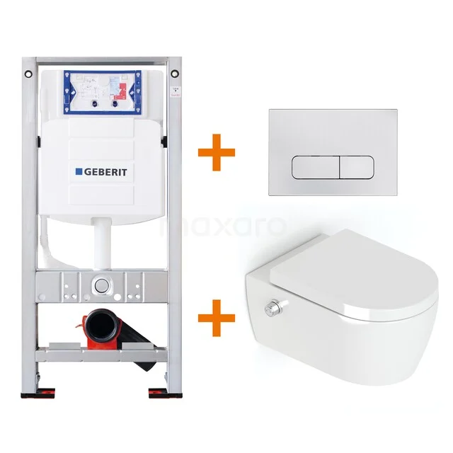 Geberit Unterputzspülkasten Set mit weißer Druckplatte und Wand-WC, modernes Design ideal für ein kompaktes Badezimmer.