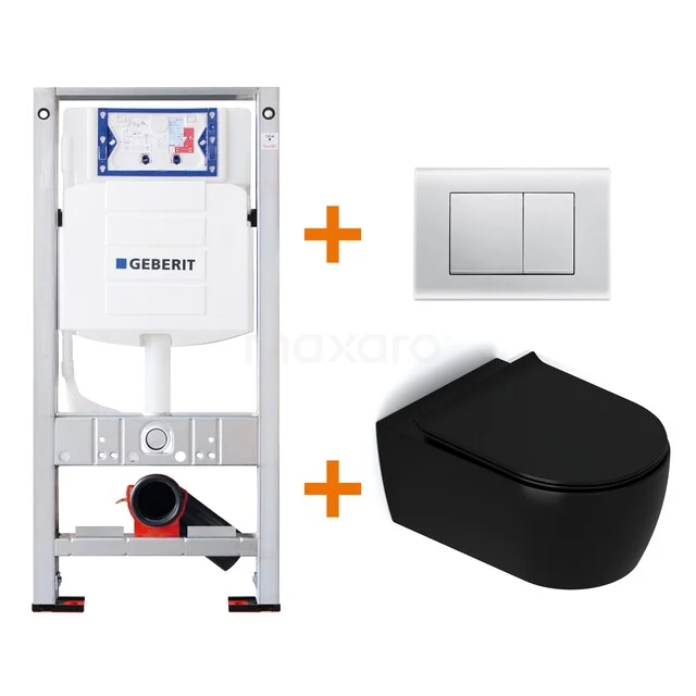 WC-Set Matt Schwarz mit Rand + Geberit UP320 Unterputzspülkasten mit Schalldämmung TOI357 Geberit Unterputzspülkasten mit schwarzem Wand-WC und chromfarbenem Bedienfeld, modernes Badezimmerpaket.