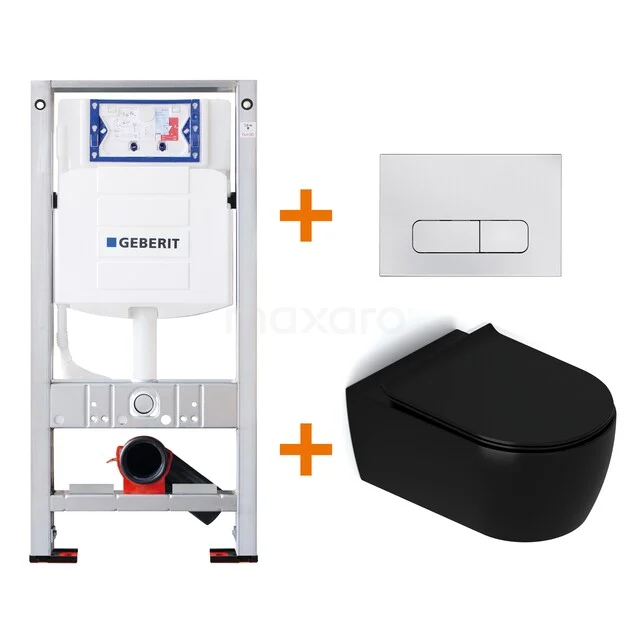 WC-Set Matt Schwarz mit Rand + Geberit UP320 Unterputzspülkasten mit Schalldämmung TOI359 Geberit Unterputzspülkasten Set mit Schwarz Wand-WC und weißer Druckplatte, modernes Badezimmerdesign für raumsparende Sanitäranlagen.