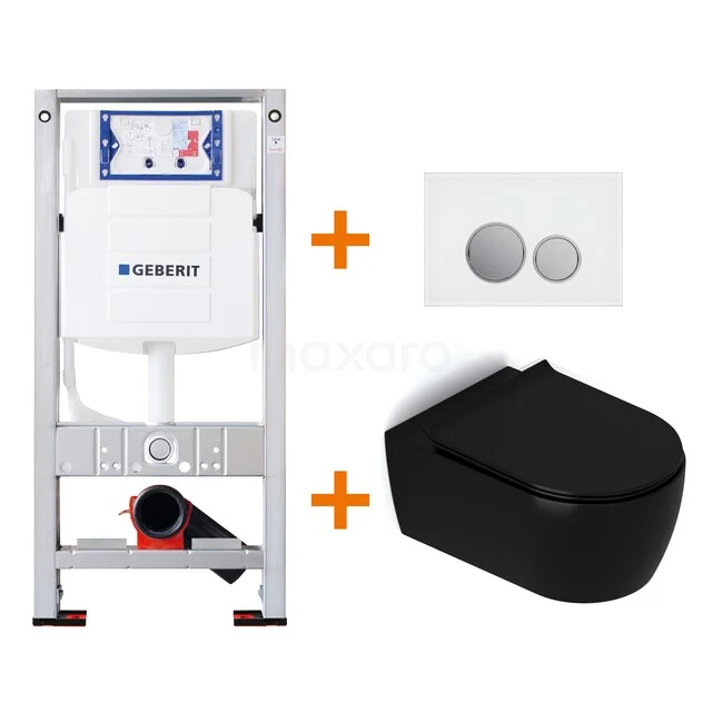 Schwarz Wand-WC mit Geberit Unterputzspülkasten und weißer Betätigungsplatte, modernes Badezimmerdesign mit klaren Linien.