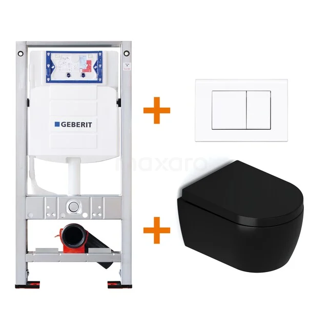 Schwarzes WC-Komplettset (wandhängend) mit Geberit Unterputzspülkasten, weißer Bedienungsplatte und modernem Design für ein elegantes Badezimmer.
