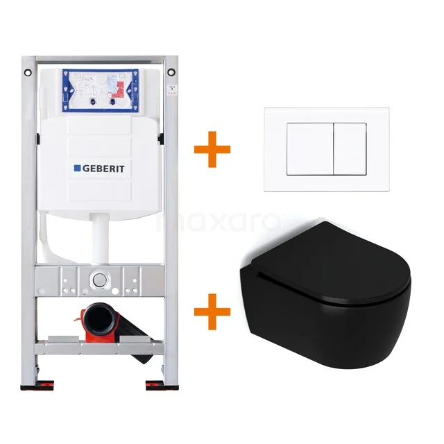 In-Wand-WC-Set mit Schwarz Wand-WC, Weiß Bedienfeld und Rahmen; stilvoll und funktional für moderne Bäder.