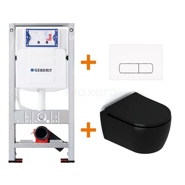 WC-Set Matt Schwarz mit Rand + Geberit UP320 Unterputzspülkasten mit Schalldämmung TOI383 Schwarz Wandcloset mit Unterputzspülkasten und weißer Bedienungsplatte, modernes Design, ideal für ein stilvolles Badezimmer.
