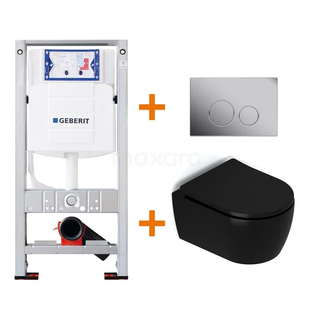 WC-Set Matt Schwarz mit Rand + Geberit UP320 Unterputzspülkasten mit Schalldämmung TOI395 Inbouw WC-Set mit Schwarz Wand-WC, weißem Rahmen und Bedienungsplatte; schlichtes Design, ideal für moderne Bäder.