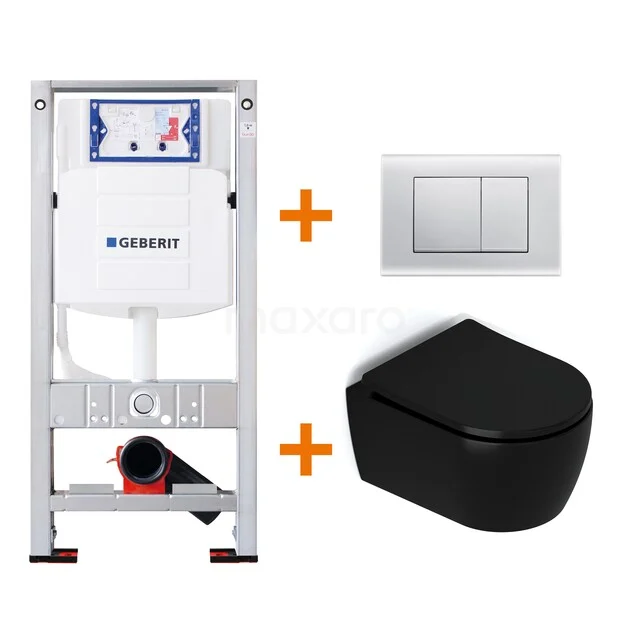 WC-Set Matt Schwarz mit Rand + Geberit UP320 Unterputzspülkasten mit Schalldämmung TOI397 Schwarz Wand-WC mit Unterputzspülkasten und doppelter Betätigungsplatte, zeitgemäßes Design für einen modernen Badezimmerstil.
