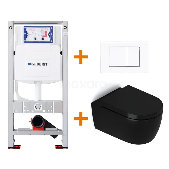 Black wall hung toilet with concealed cistern and white control plate, ideal for a modern bathroom style.