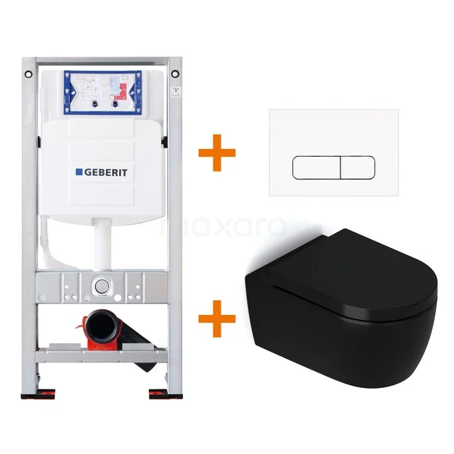 Recessed Toilet set with black wall hung toilet, white control plate and frame, ideal for modern bathroom designs.