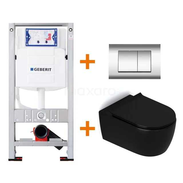 Zwart hangtoilet met softclose zitting, RVS bedieningspaneel en inbouwreservoir. Perfect voor moderne badkamerstijlen.