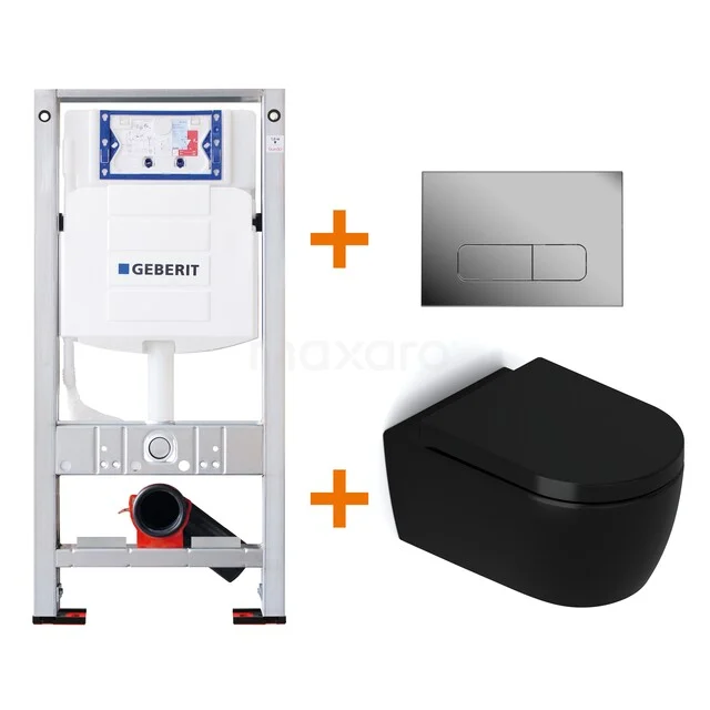 Toilet set Matte black with Easy clean + Geberit UP320 concealed cistern TOI432 Black wall closet with concealed cistern and flush plate, sleek design, perfect for modern bathrooms.
