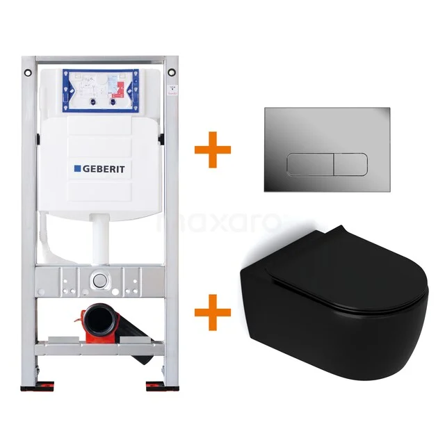 Geberit concealed cistern set with modern black wall-mounted toilet and elegant pressure panel, ideal for a stylish bathroom.