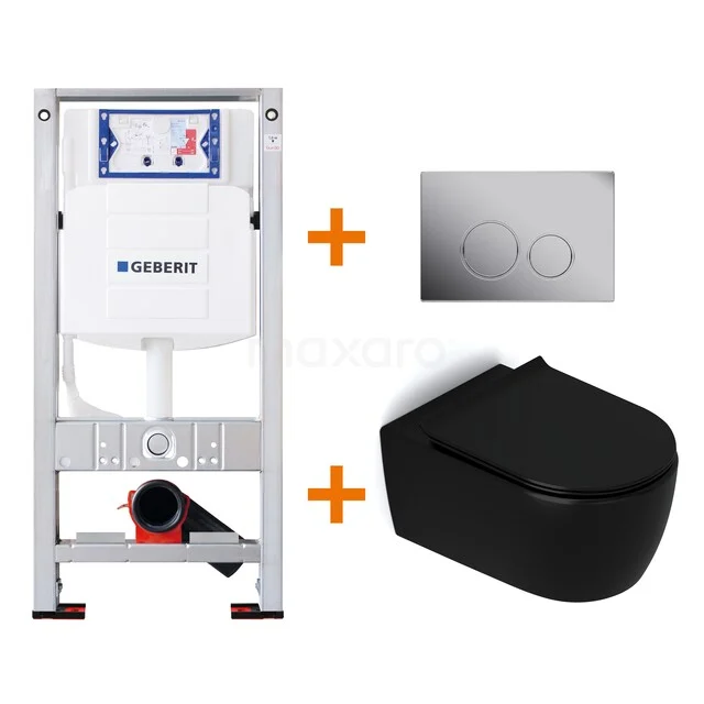 Toilet set Matte black with Easy clean + Geberit UP320 concealed cistern TOI435 Black wall closet with concealed cistern and Stainless steel flush plate, perfect for a modern bathroom style.