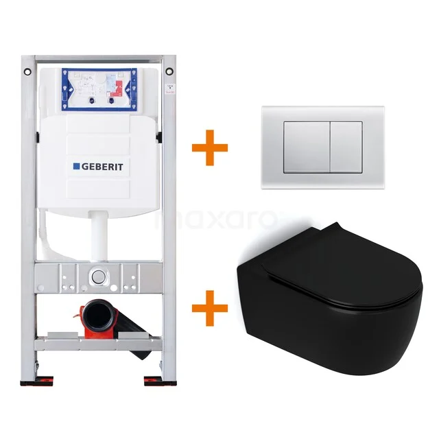 WC-Set Matt Schwarz ohne Rand + Geberit UP320 Unterputzspülkasten mit Schalldämmung TOI437 Geberit Unterputzspülkasten mit Schwarz Wand-WC und weißer Betätigungsplatte, modernes WC-Set für elegantes Badezimmer.