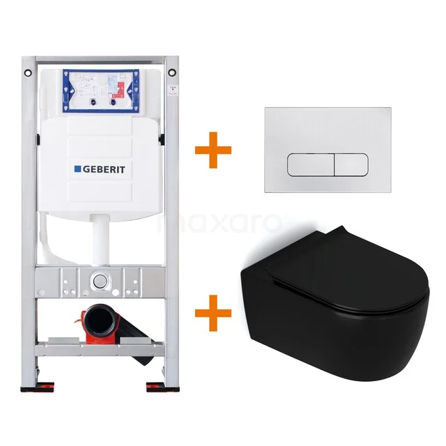 Toilet set Matte black with Easy clean + Geberit UP320 concealed cistern TOI439 Black wall closet with concealed cistern and white control plate; modern toilet set for stylish bathroom design.